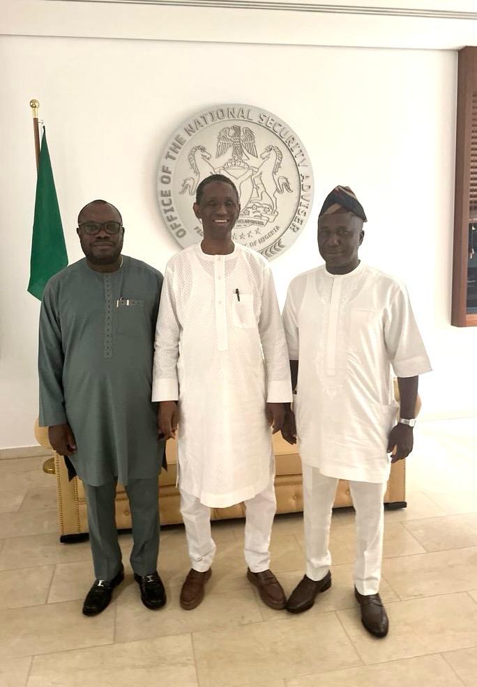 Photo News From Left: The Administrator of the Presidential Amnesty Programme, Dr Dennis Otuaro, the National Security Adviser, Mallam Nuhu Ribadu and Prof Steve Azaiku, former Member of the House of Reps for Yenagoa/Kolokuma/Opokuma Federal Constituency at the weekend in Abuja.